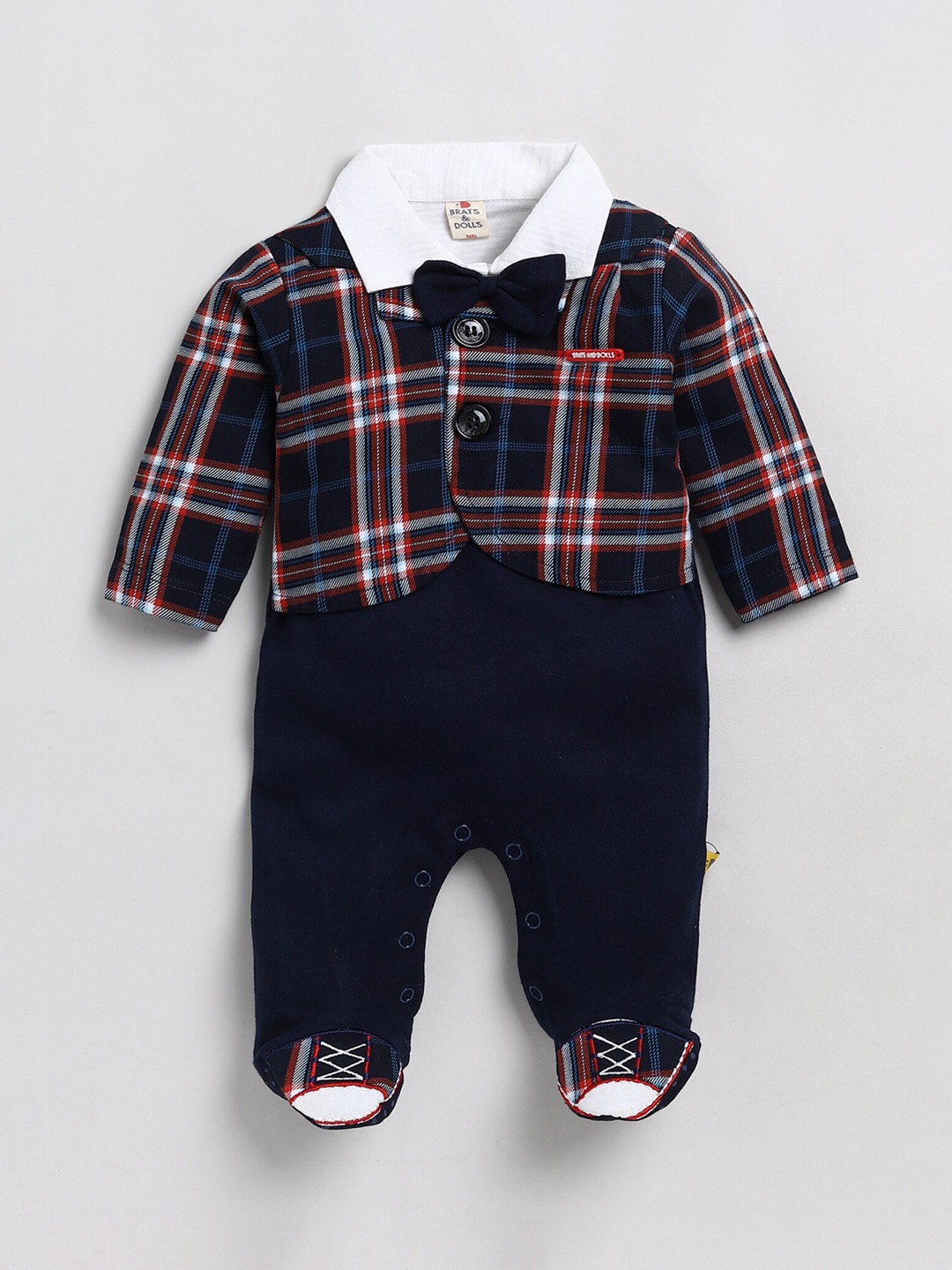 

BRATS AND DOLLS Infants Boys Checked Pure Cotton Rompers, Blue