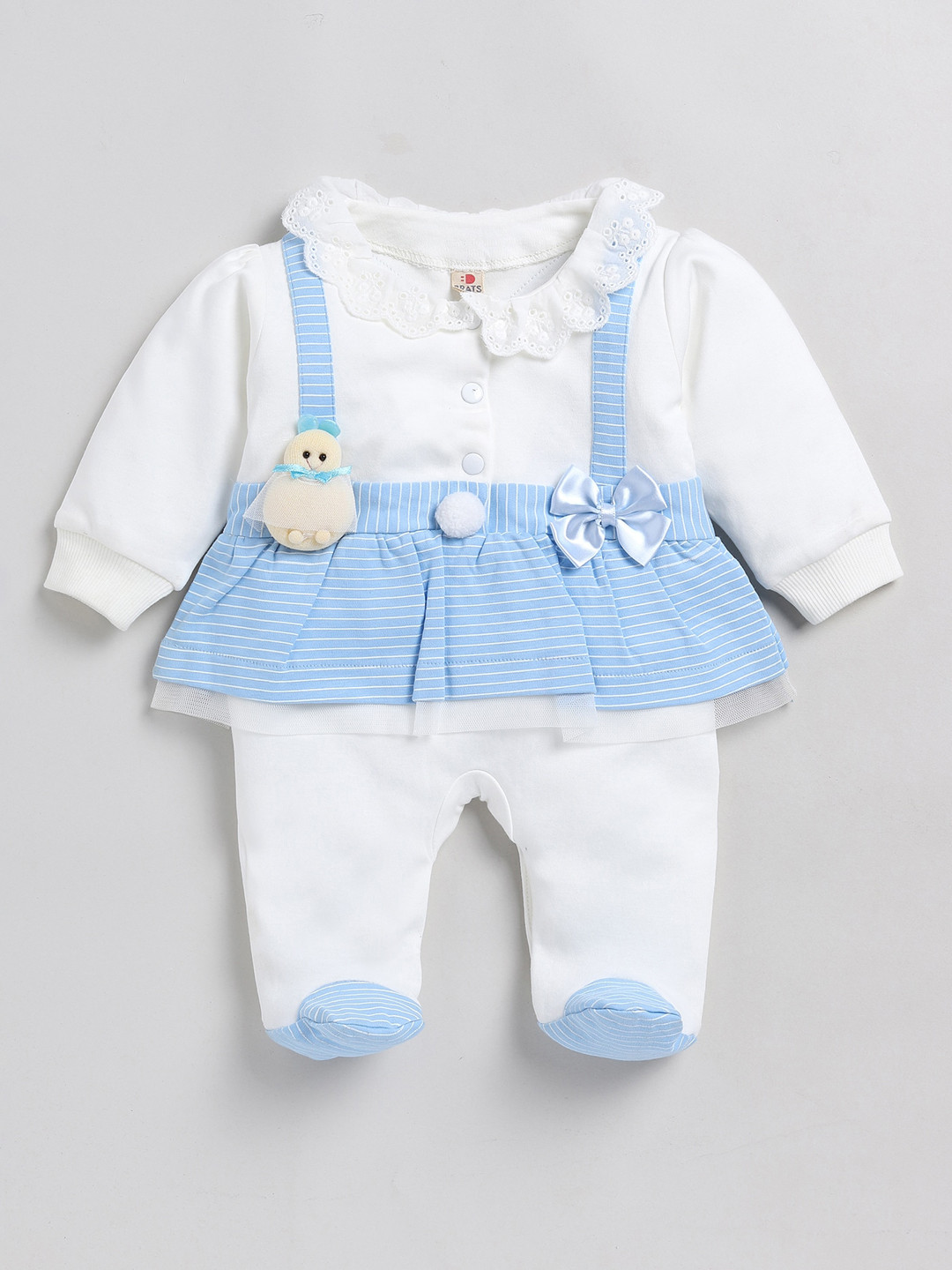 

BRATS AND DOLLS Infant Girls Striped Ruffled Cotton Sleepsuit, Blue