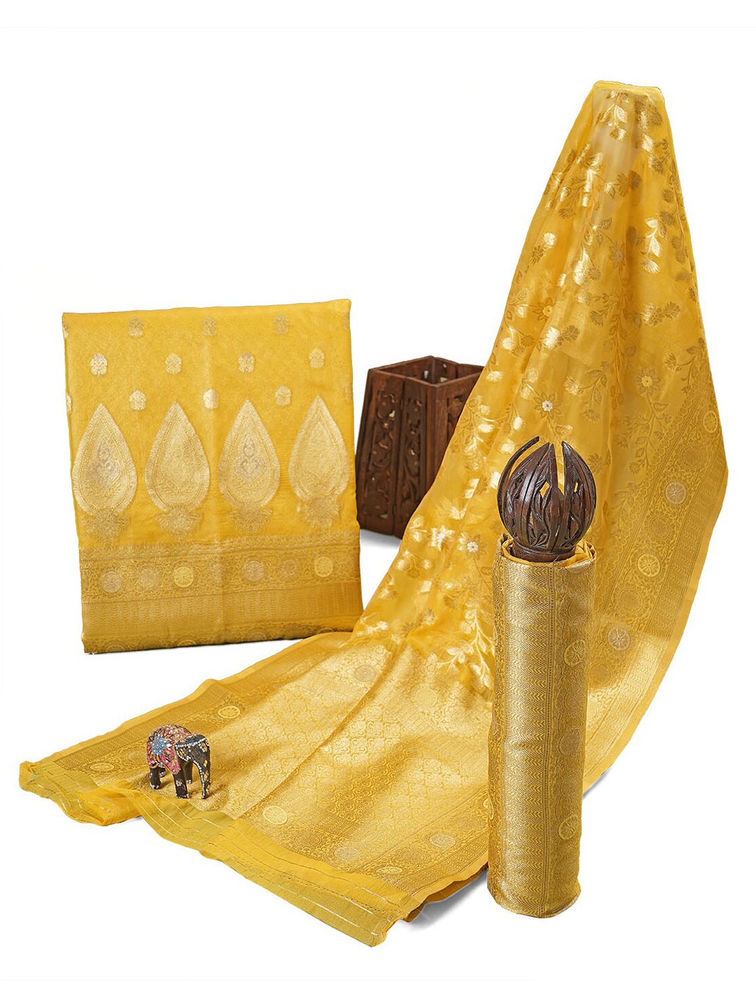 

HALFSAREE STUDIO Ethnic Motifs Woven Design Unstitched Dress Material, Gold
