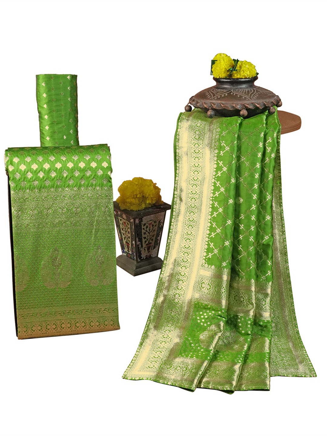 

HALFSAREE STUDIO Ethnic Motifs Woven Design Unstitched Dress Material, Lime green