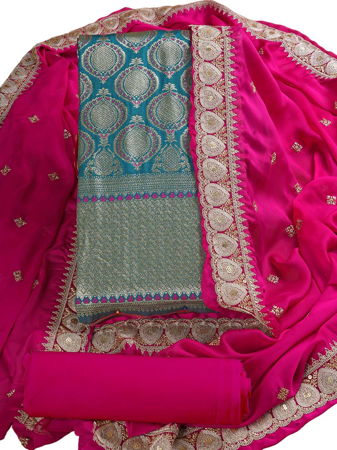 

HALFSAREE STUDIO Ethnic Motifs Woven Design Unstitched Dress Material, Sea green