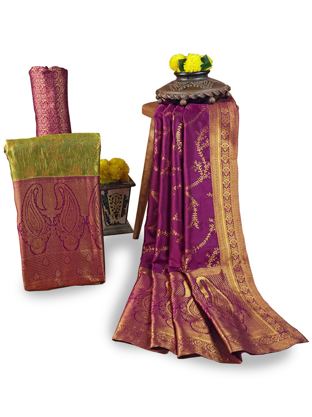 

HALFSAREE STUDIO Ethnic Motifs Woven Design Unstitched Dress Material, Lime green