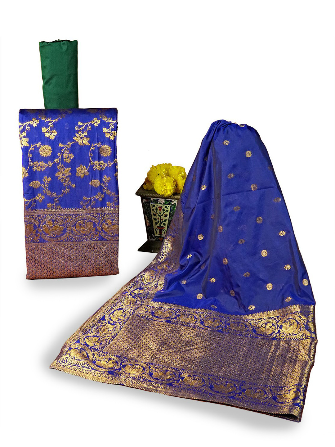 

HALFSAREE STUDIO Floral Woven Design Zari Unstitched Dress Material, Navy blue