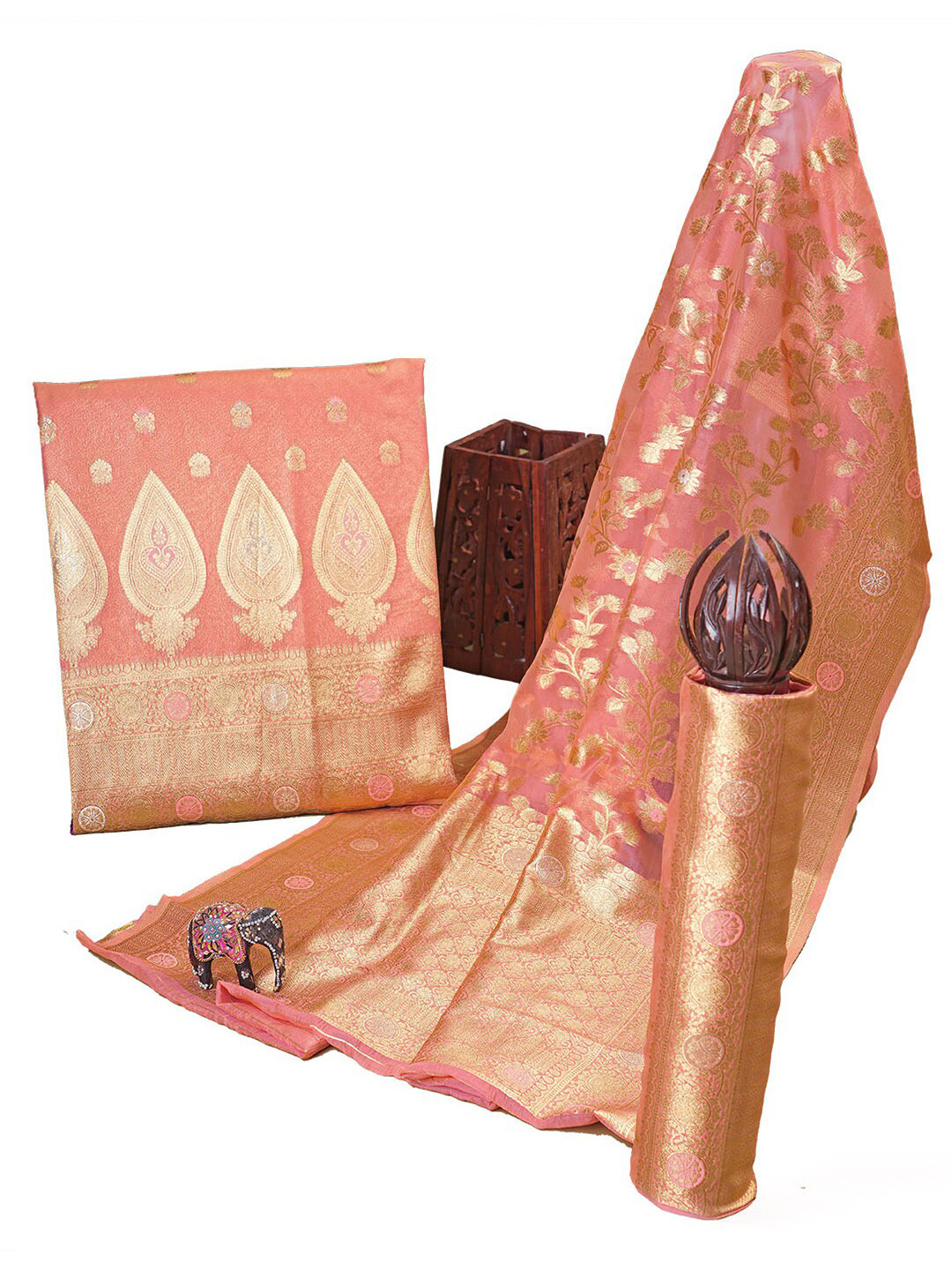 

HALFSAREE STUDIO Ethnic Motifs Woven Design Unstitched Dress Material, Pink
