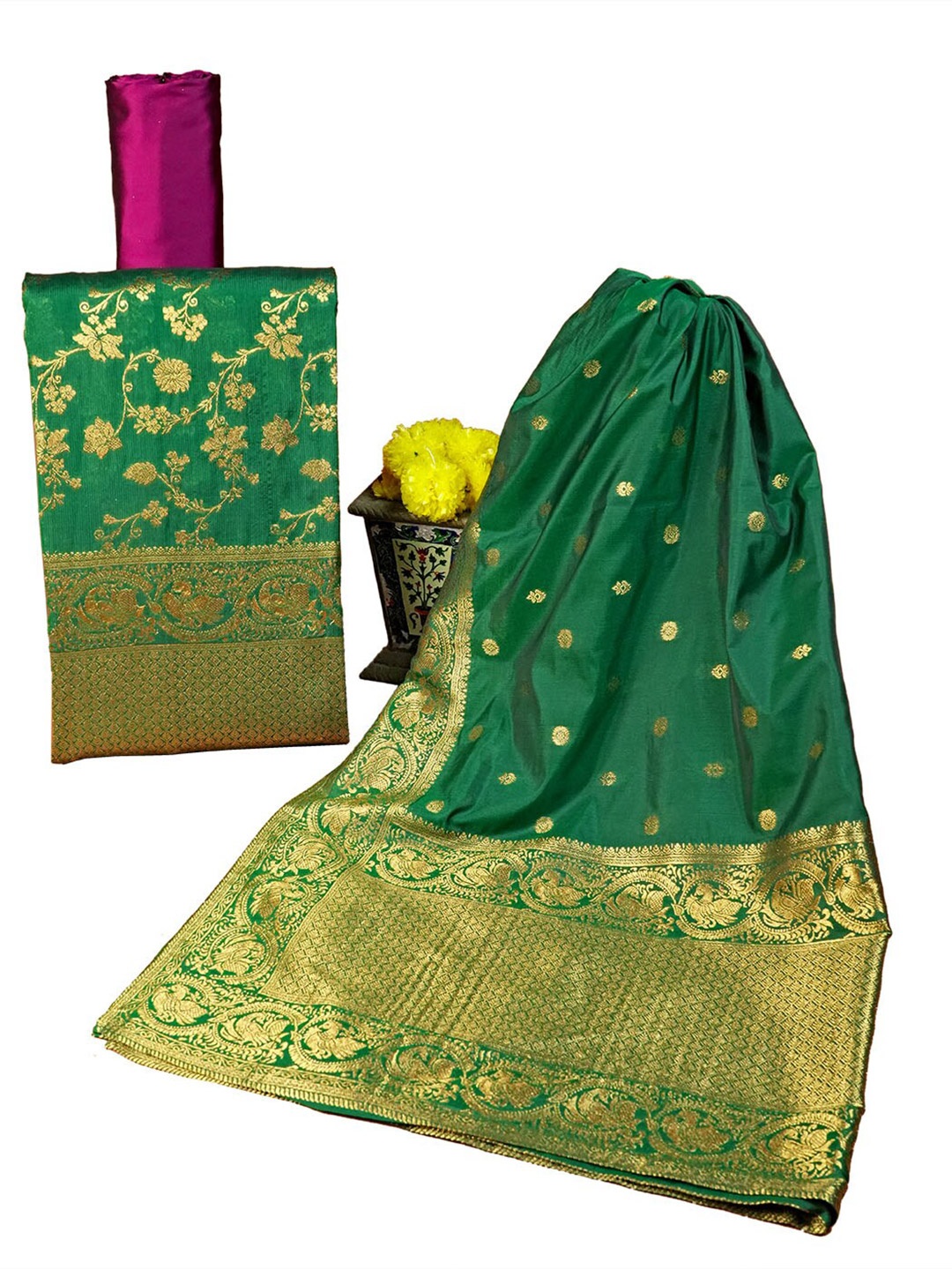 

HALFSAREE STUDIO Ethnic Motifs Woven Design Unstitched Dress Material, Green