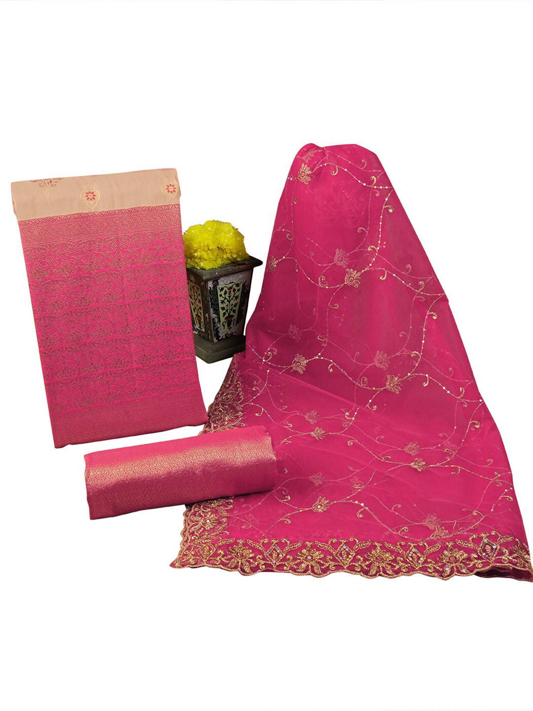

HALFSAREE STUDIO Woven Design Art Silk Unstitched Dress Material, Pink