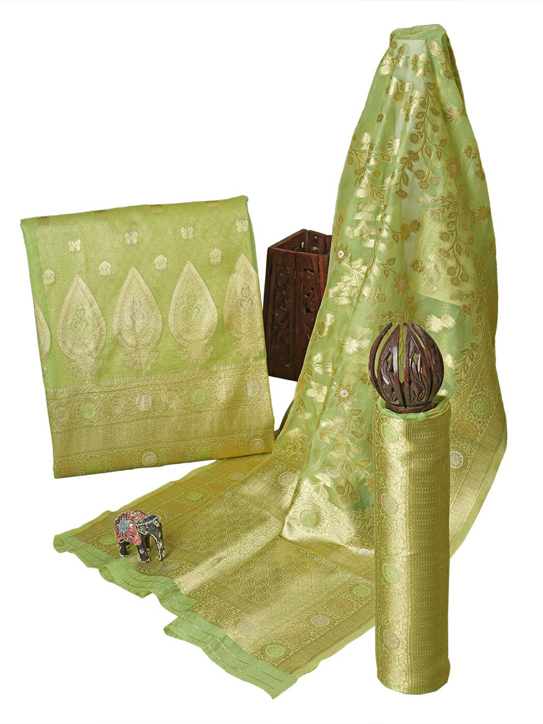 

HALFSAREE STUDIO Ethnic Motifs Woven Design Zari Unstitched Dress Material, Lime green