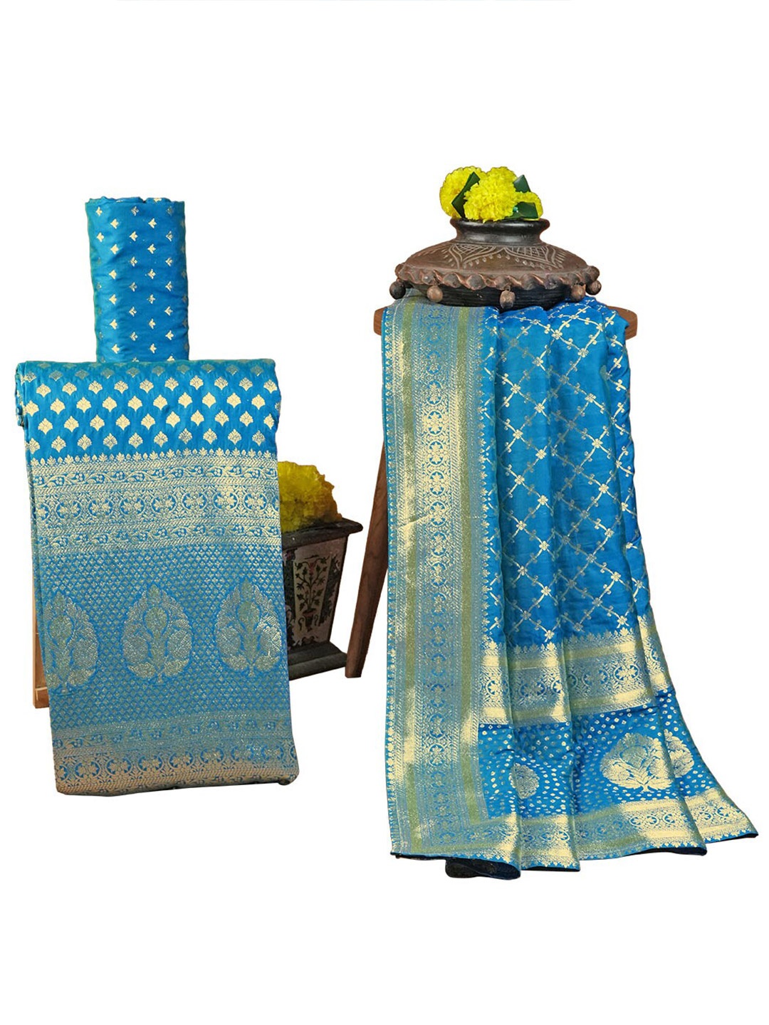 

HALFSAREE STUDIO Ethnic Motifs Woven Design Unstitched Dress Material, Blue