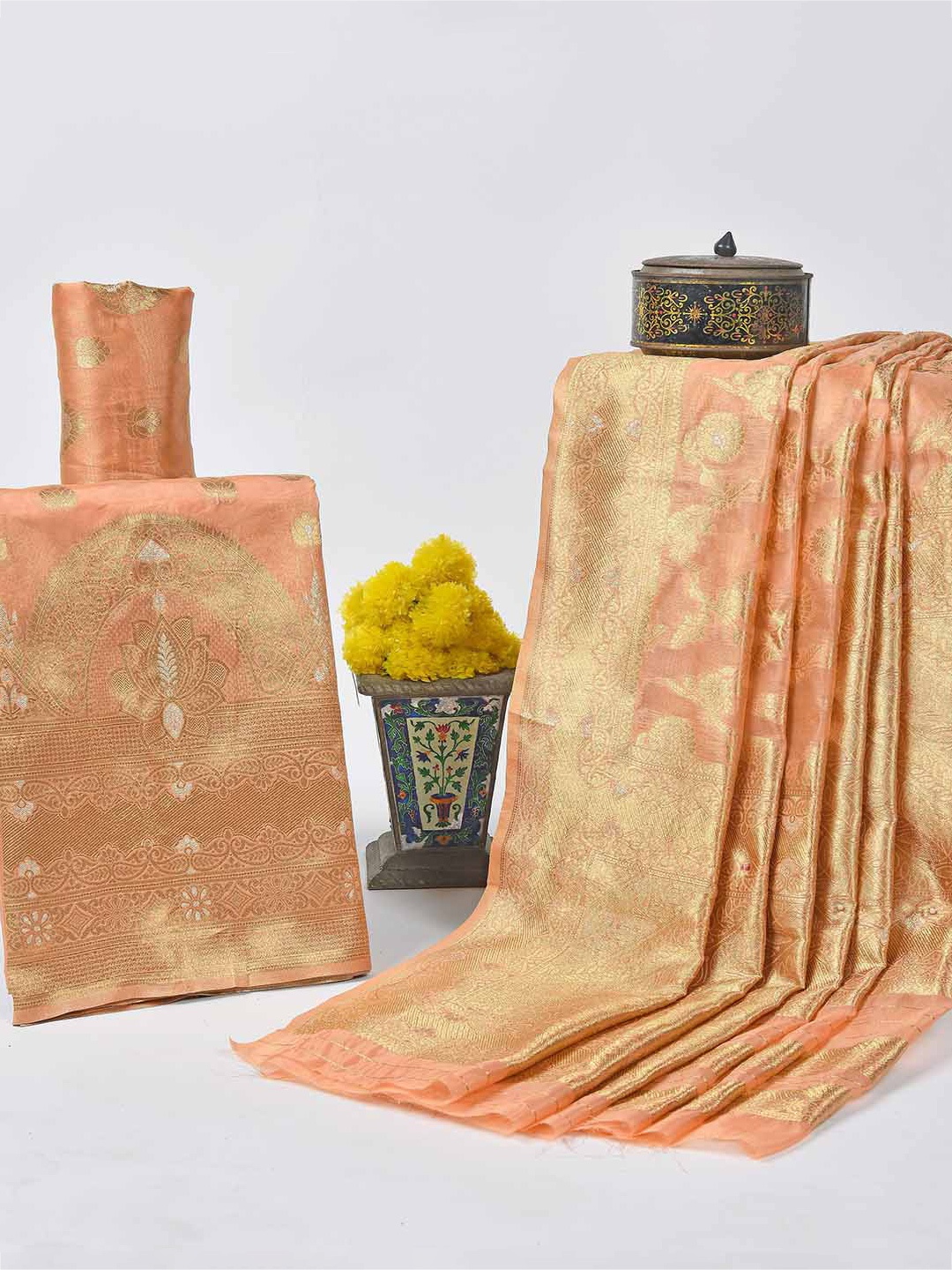 

HALFSAREE STUDIO Ethnic Motifs Woven Design Zari Unstitched Dress Material, Peach