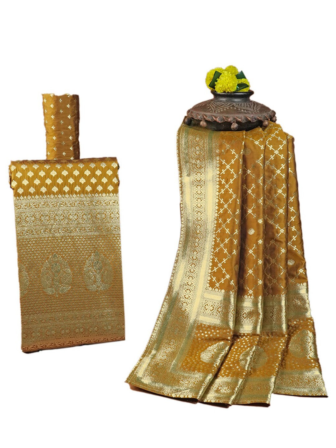 

HALFSAREE STUDIO Ethnic Motifs Woven Design Unstitched Dress Material, Mustard
