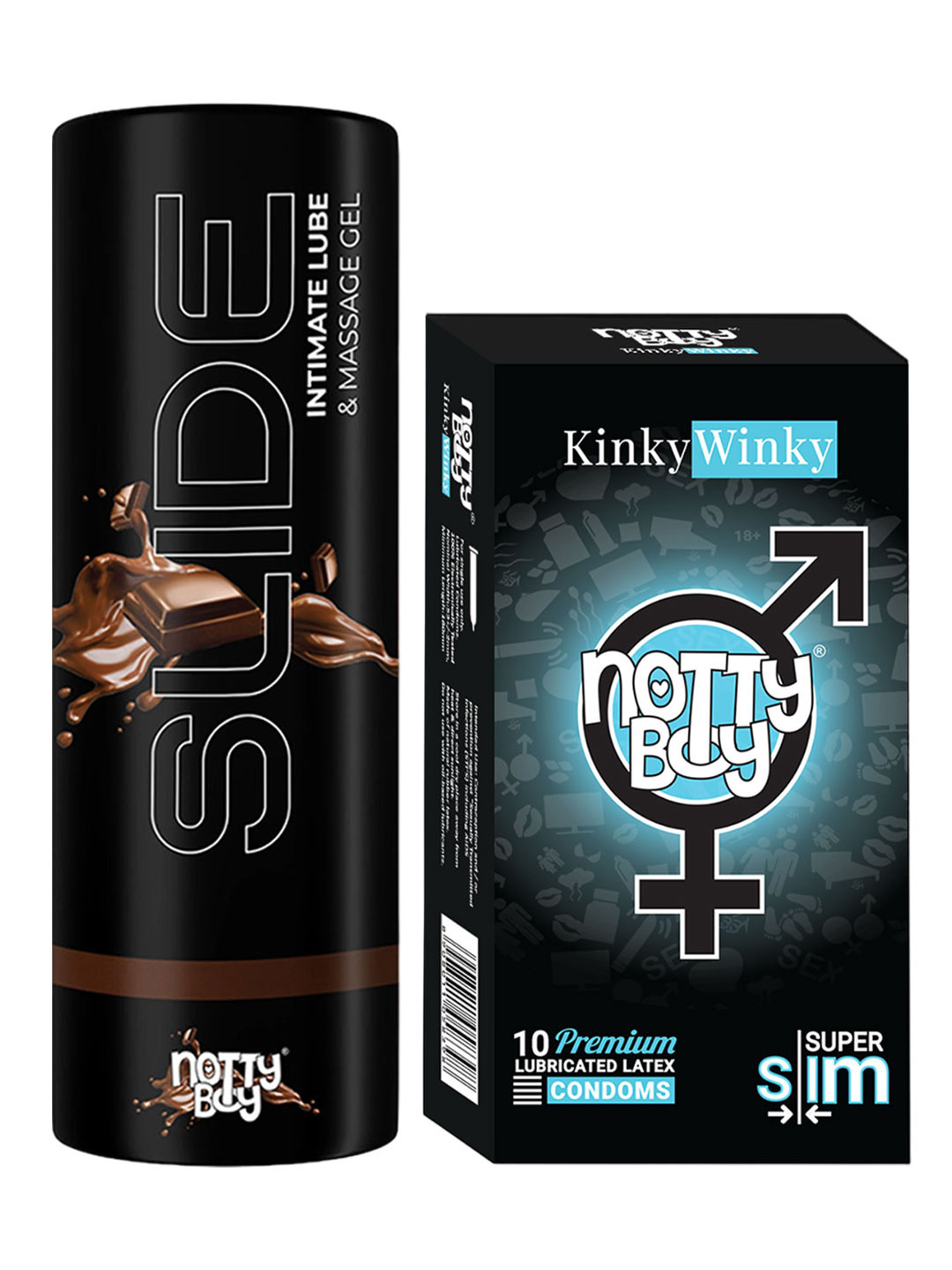 

noTTy Boy Set of Slide Chocolate Flavoured Lube - 100 ml & KinkyWinky Condoms - 10 Pcs, Black