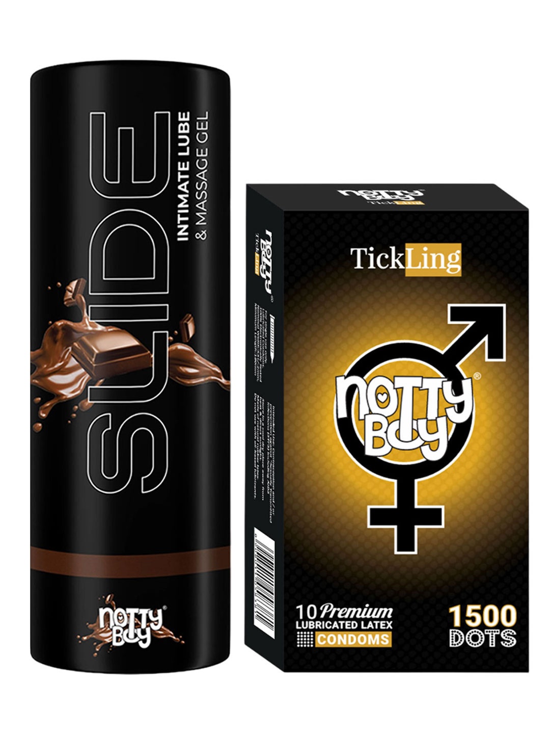 

noTTy Boy Set of Slide Chocolate Flavoured Lube - 100 ml & TickLing Condoms - 10 Pcs, Black