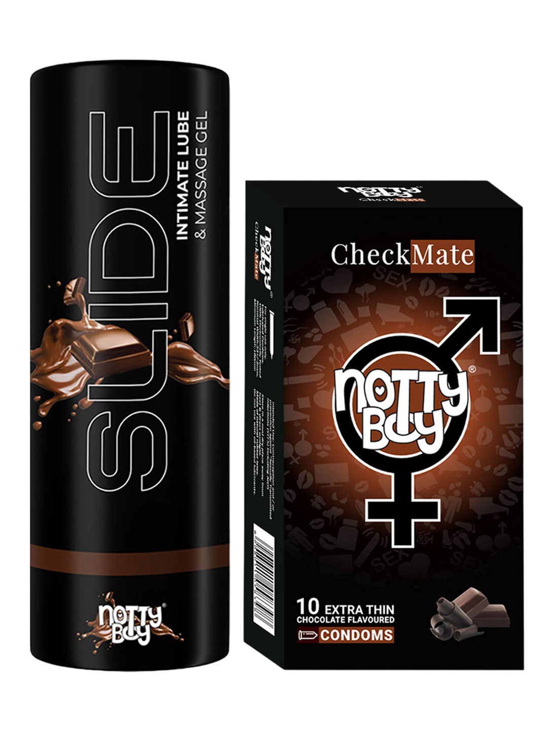 

noTTy Boy Set of Slide Chocolate Flavoured Lube - 100 ml & CheckMate Condoms - 10 Pcs, Black
