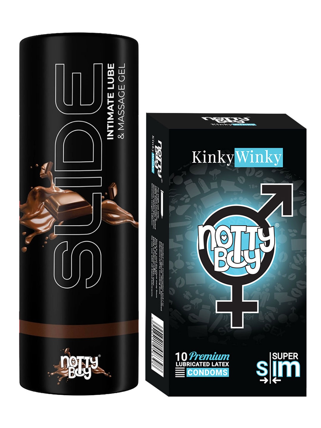 

noTTy Boy Set of Slide Chocolate Flavoured Lube - 100 ml & KinkyWinky Condoms - 10 Pcs, Black