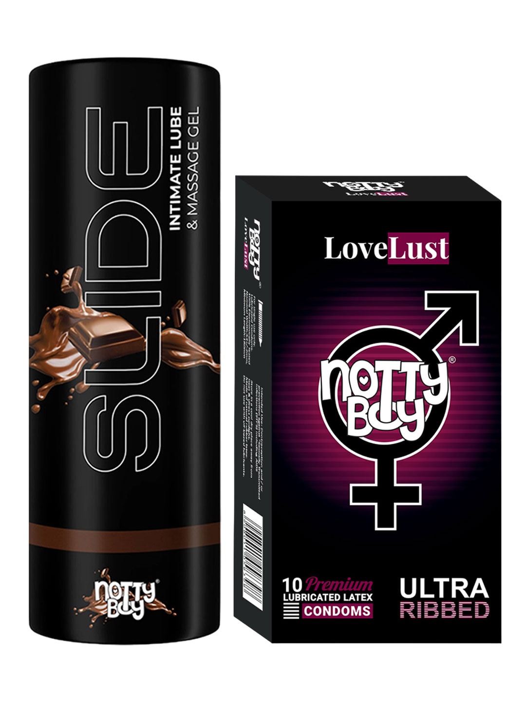 

noTTy Boy Set of Slide Chocolate Flavoured Lube - 100 ml & LoveLust Condoms - 10 Pcs, Black