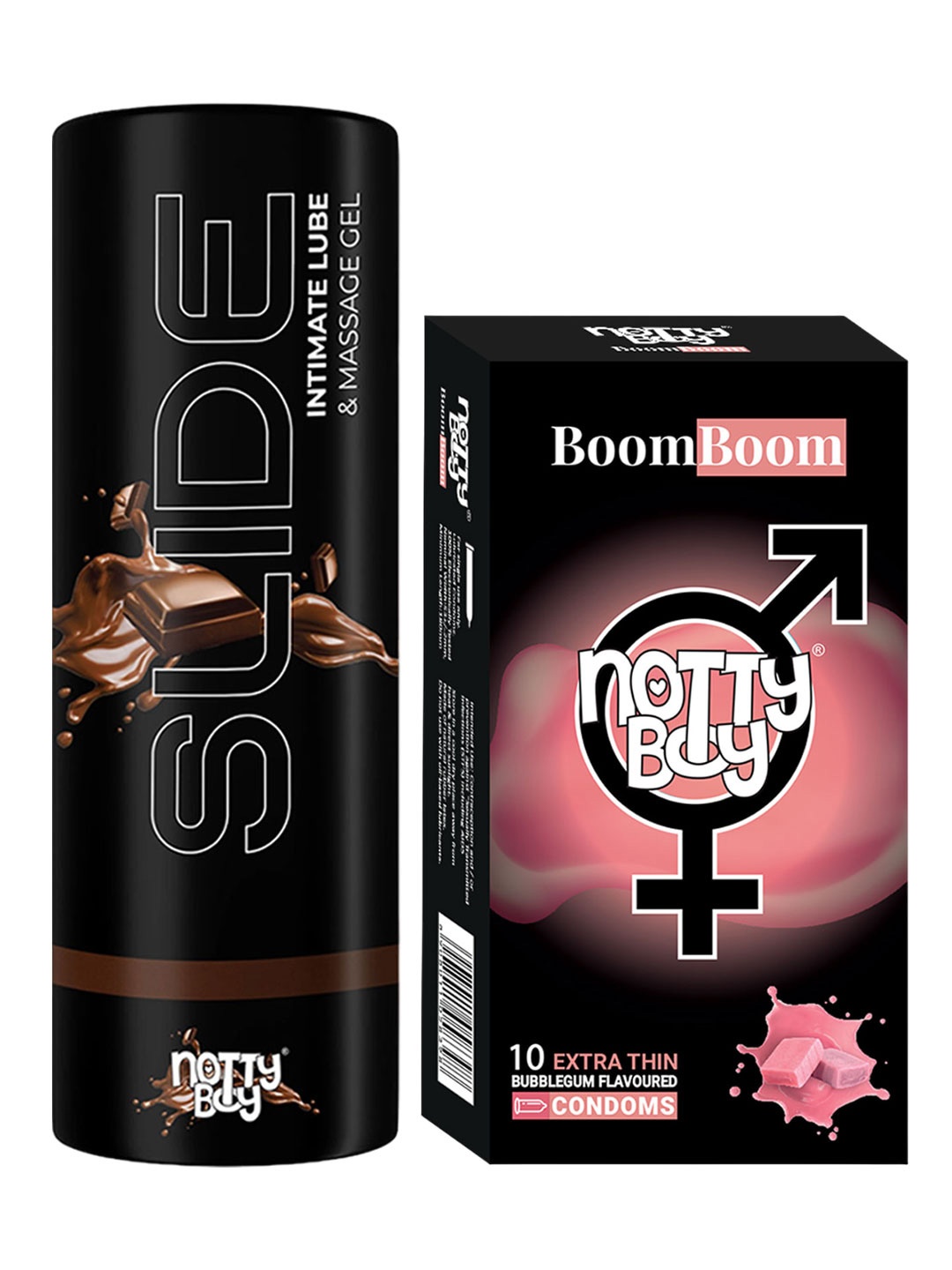 

noTTy Boy Set of Slide Chocolate Flavoured Lube - 100 ml & BoomBoom Condoms - 10 Pcs, Black