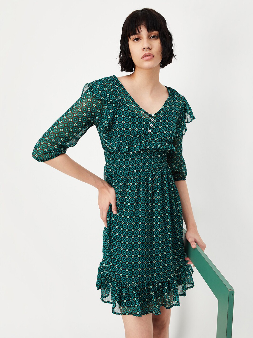 

max Floral Printed Cuffed Sleeve Ruffled Smocked Fit & Flare Dress, Black