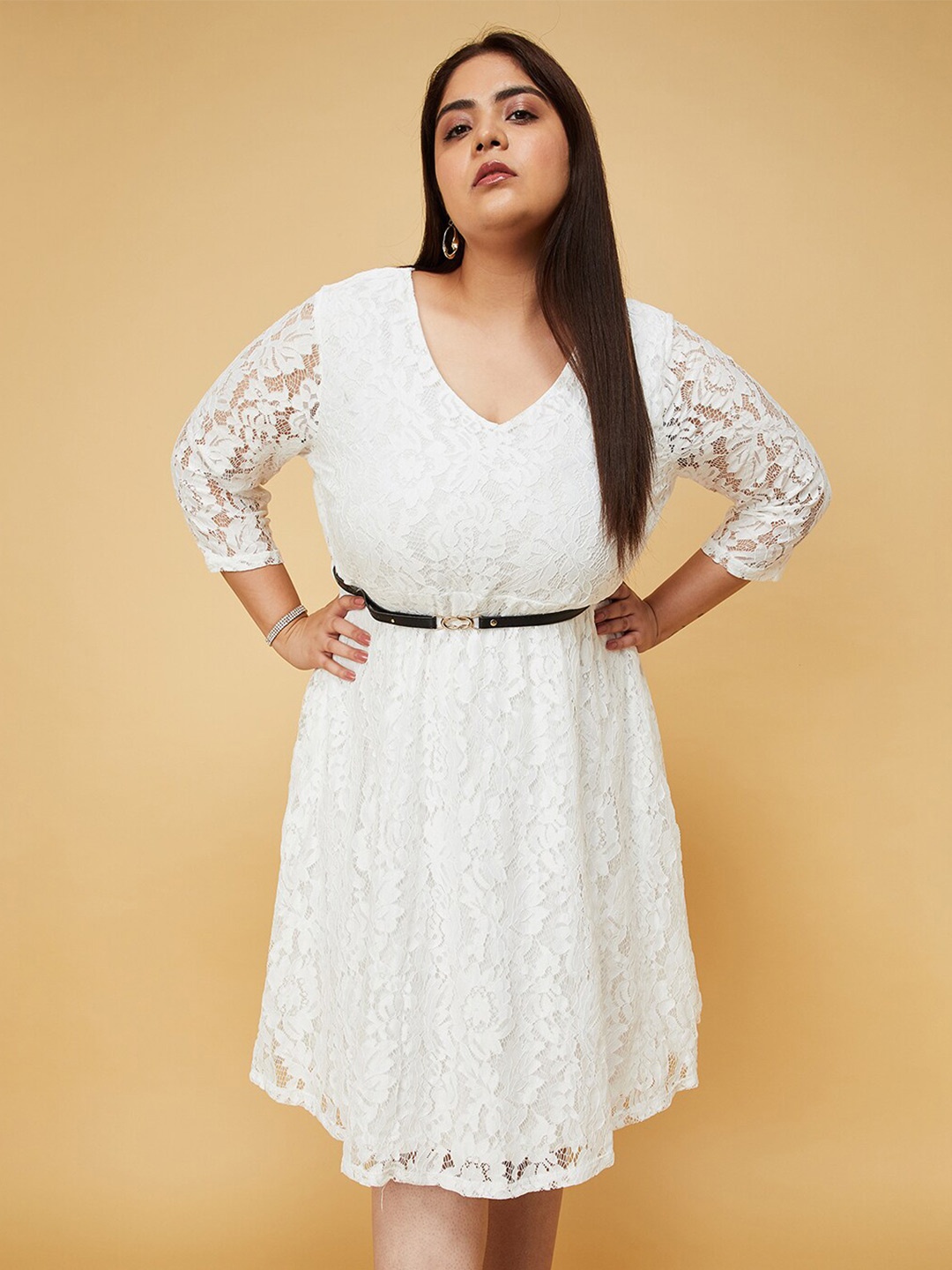 

max Plus Size Self Design Round Neck A-Line Dress, White