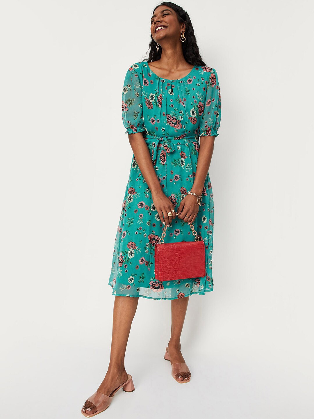 

max Floral Printed Round Neck Puff Sleeves Fit & Flare Dress, Turquoise blue