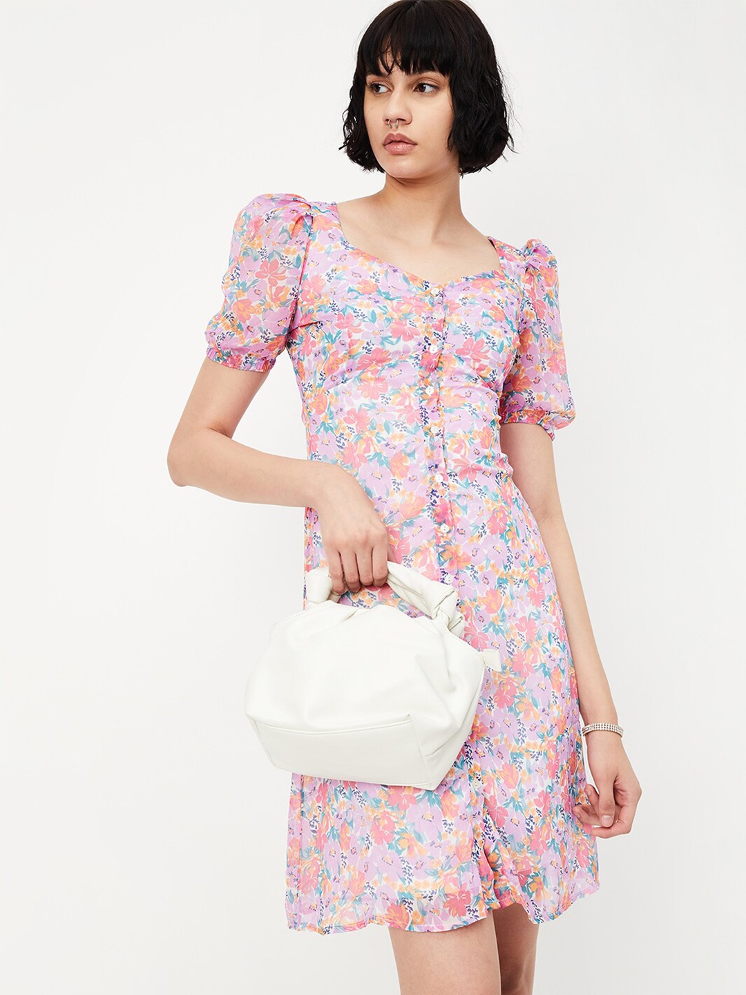 

max Floral Printed Sweetheart Neck Puff Sleeve A-Line Dress, Lavender