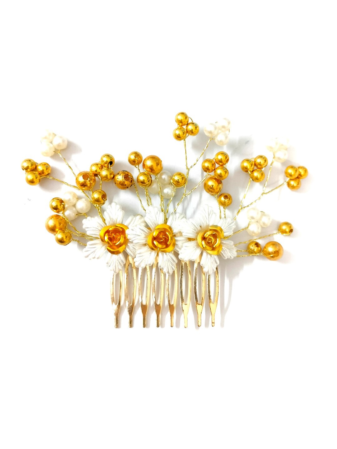 

Hair Flare Women Floral Detail Beaded Comb Pin, Gold