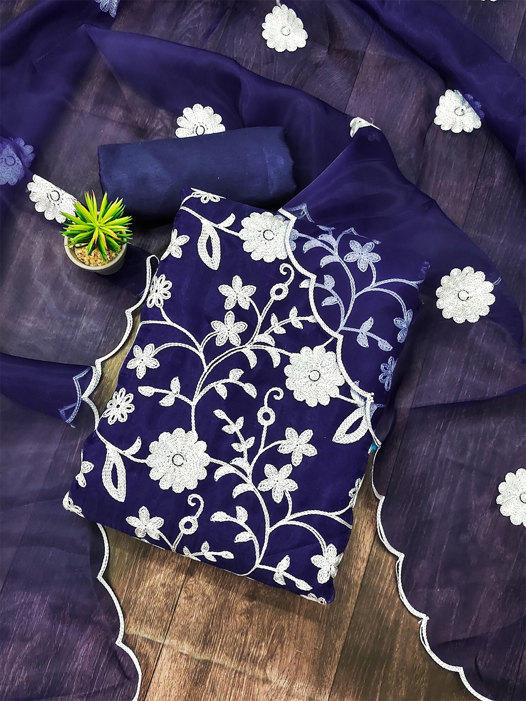 

KALINI Floral Embroidered Organza Unstitched Dress Material, Navy blue