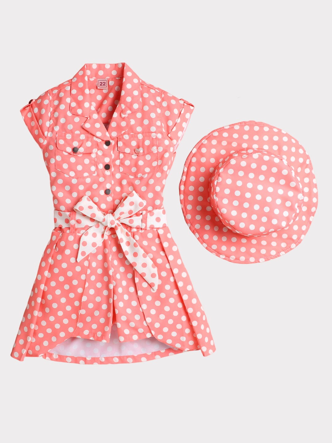 

The Magic Wand Girls Polka Dot Printed Shirt Dress With Hat & Belt, Peach