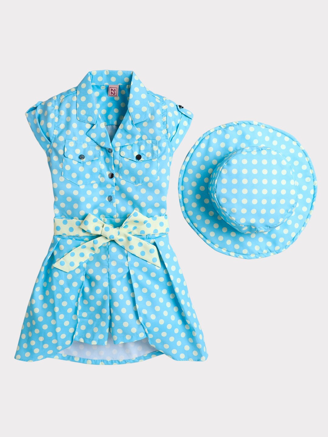 

The Magic Wand Girls Polka Dot Printed Shirt Dress With Matching Hat, Blue
