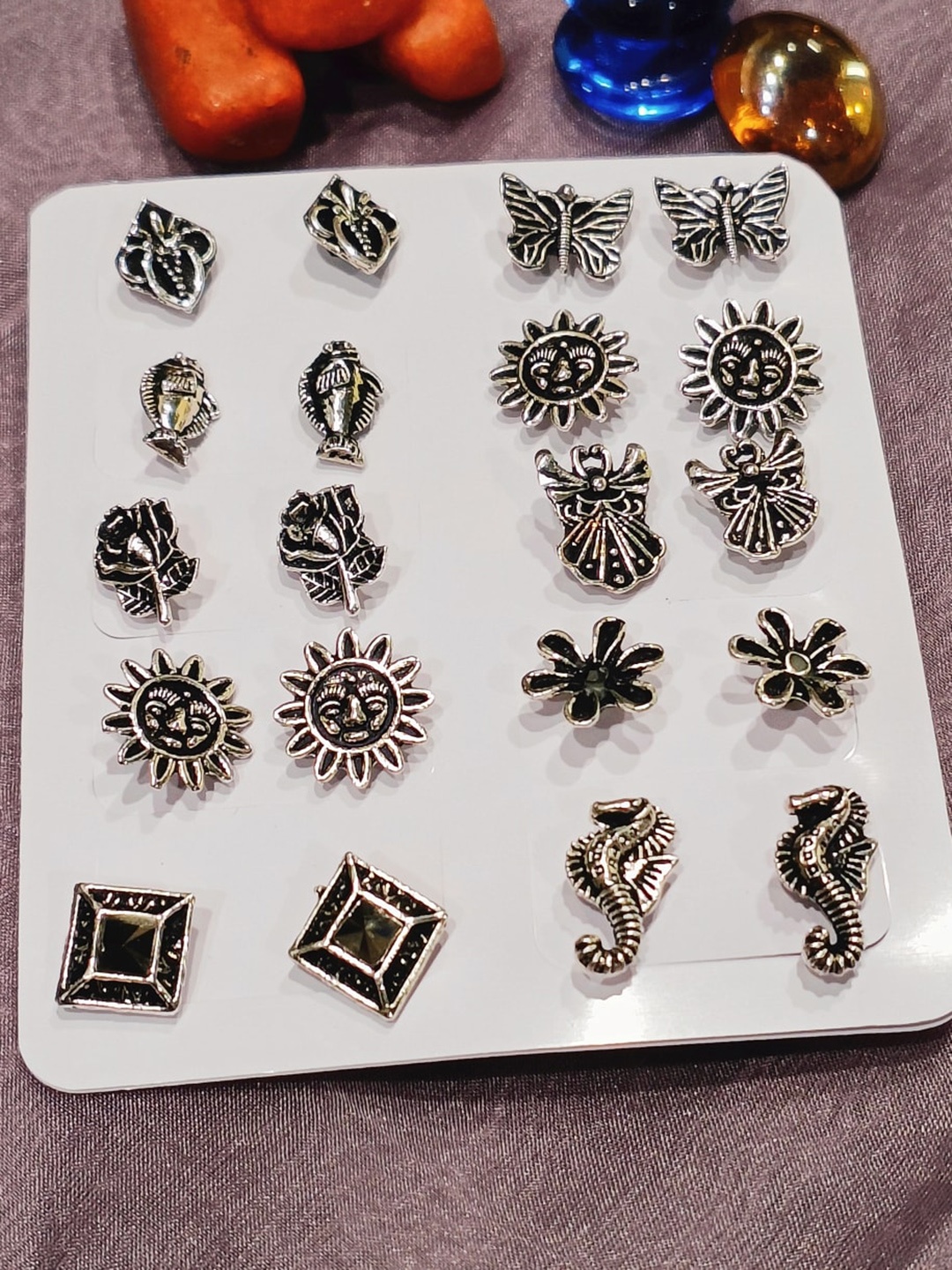 

FEMMIBELLA Set Of 10 Oxidized Stud Earrings, Silver