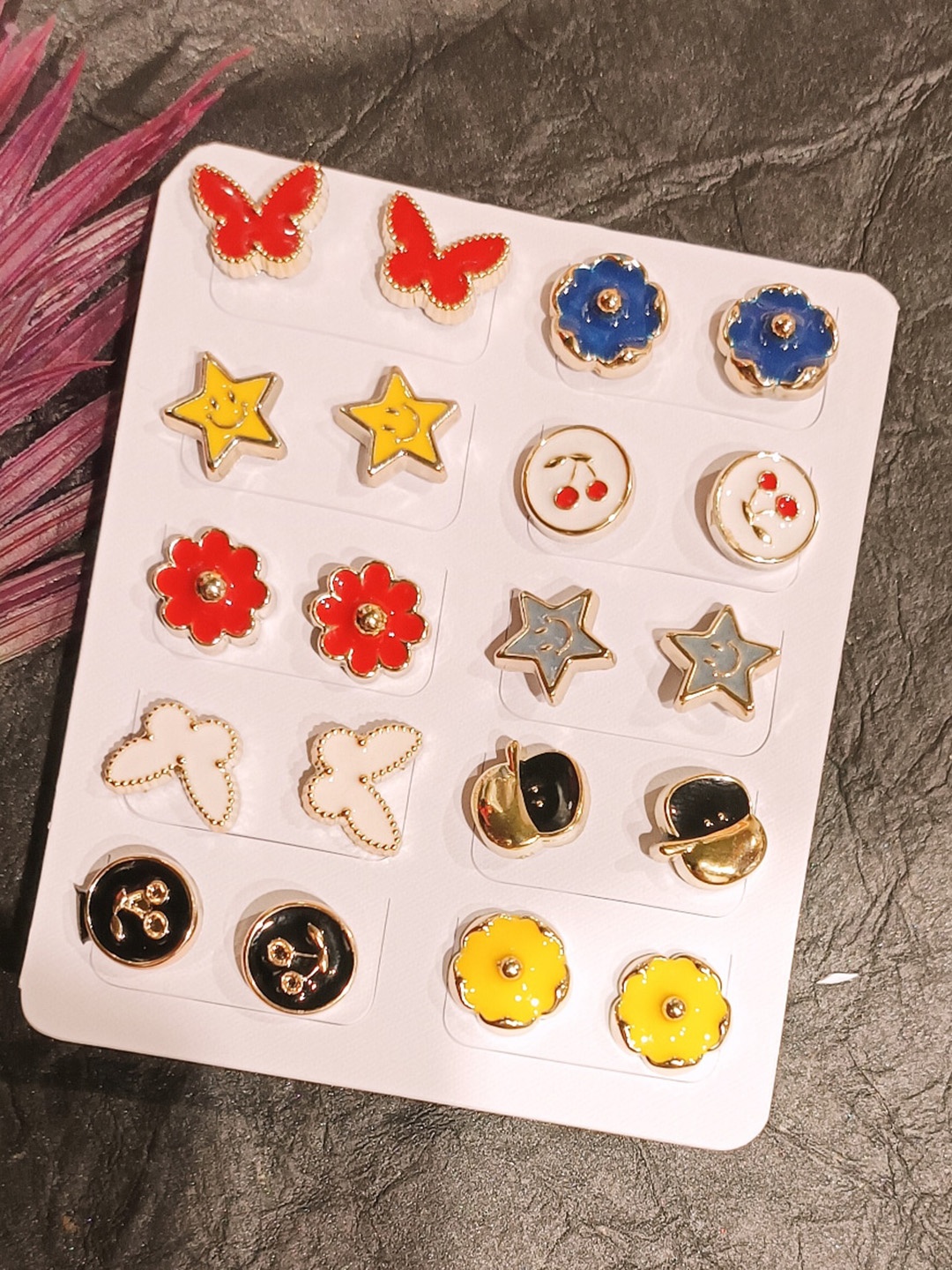 

FEMMIBELLA Set Of 10 Funky Stud Earrings, Gold