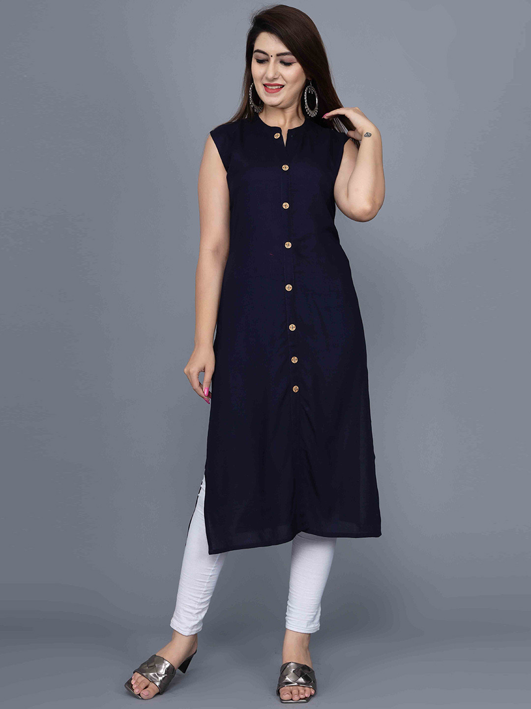 

JAIPUR FASHION MODE Mandarin Collar A-Line Kurta, Navy blue