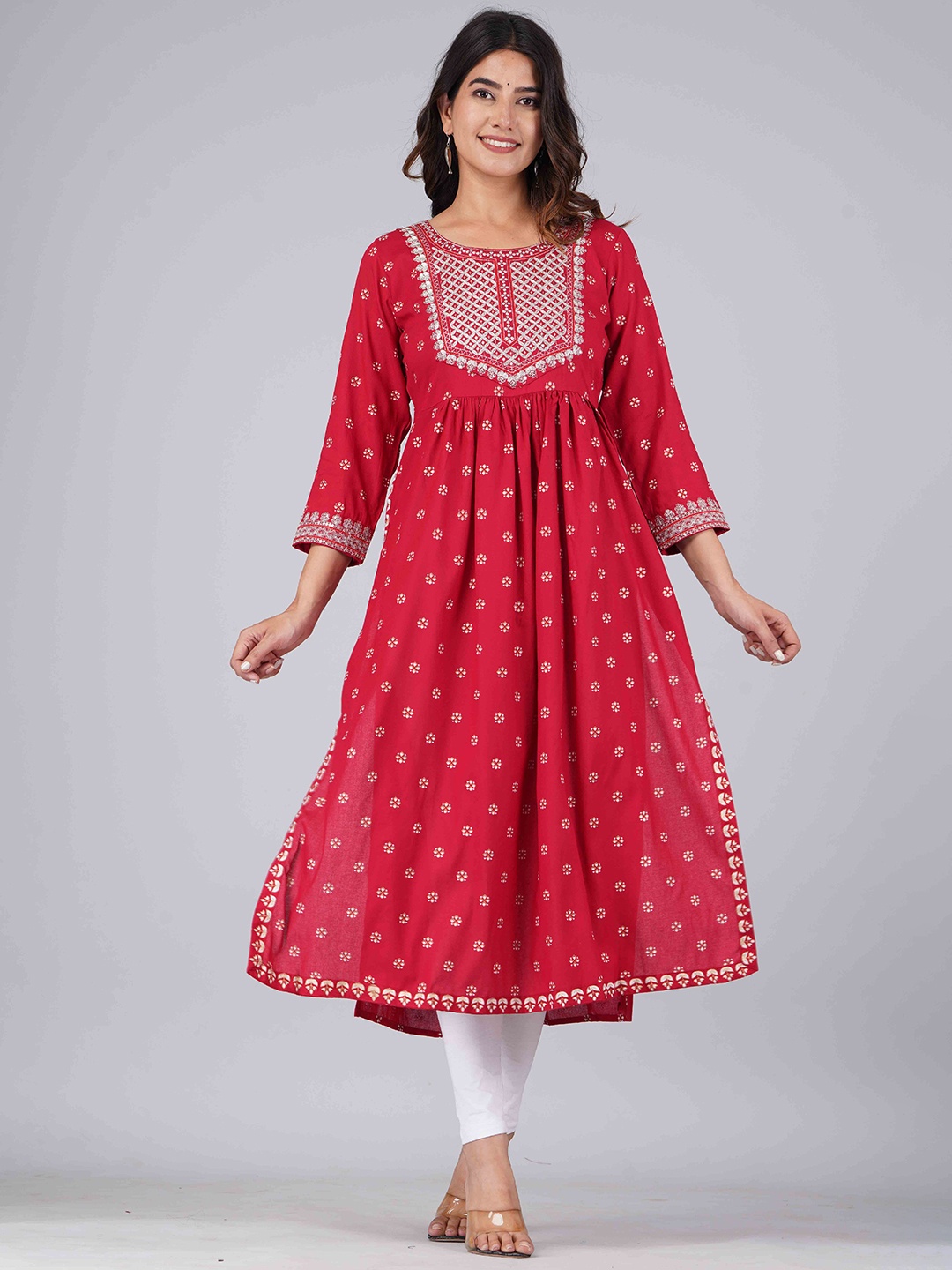 

JAIPUR FASHION MODE Ethnic Motifs Printed Sequinned A-Line Kurta, Red