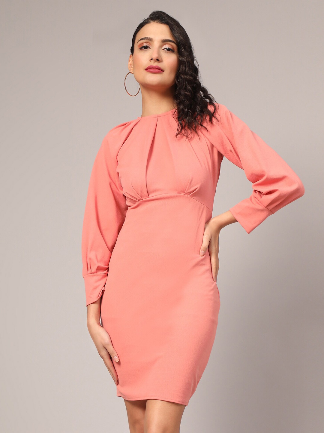 

BAESD Cuffed Sleeves Pleated Sheath Cotton Dress, Peach