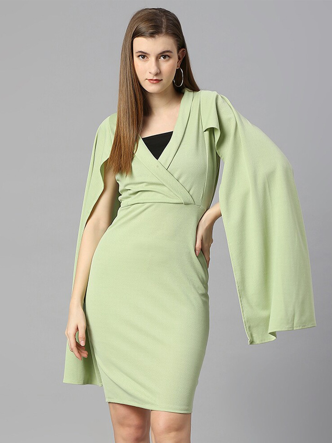 

BAESD V Neck Cape Sleeve Above The Knee Cotton Dress, Green