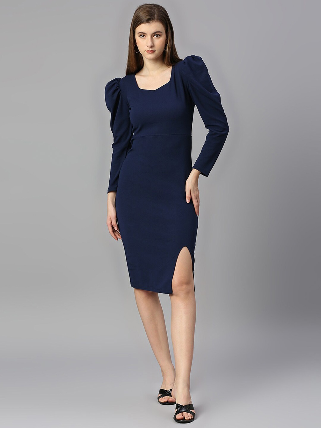 

BAESDV-Neck Puff Sleeves Cotton Sheath Dress, Blue