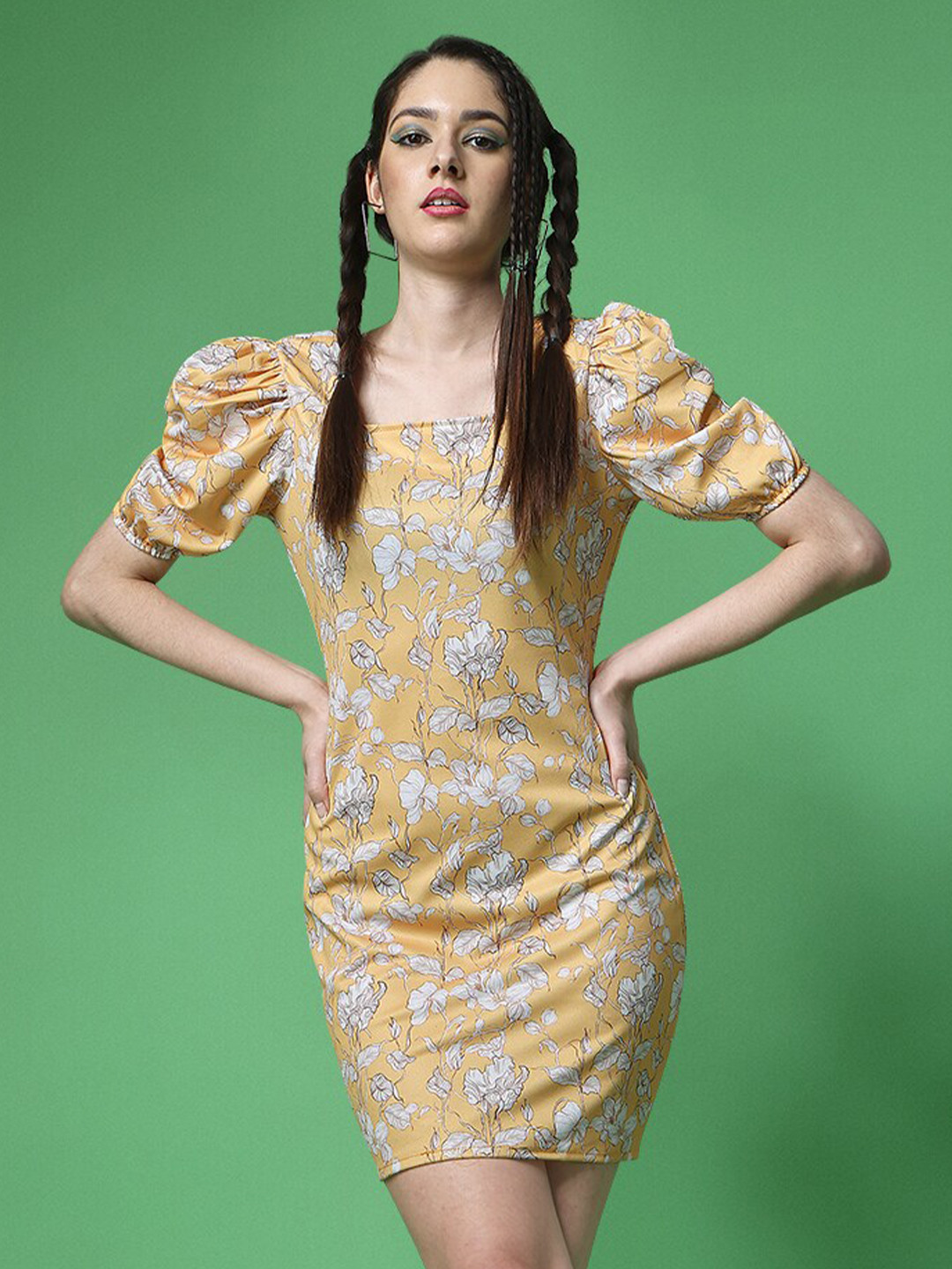 

BAESD Floral Printed Square Neck Puff Sleeves Sheath Cotton Dress, Yellow