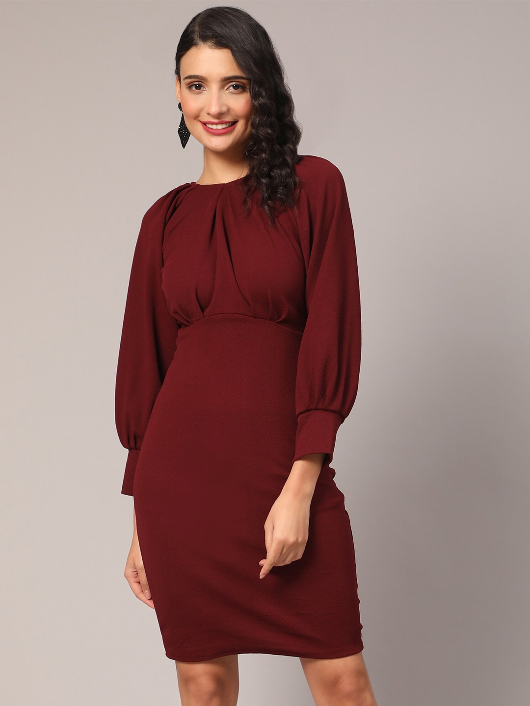 

BAESD Cuffed Sleeves Pleated Sheath Cotton Dress, Burgundy