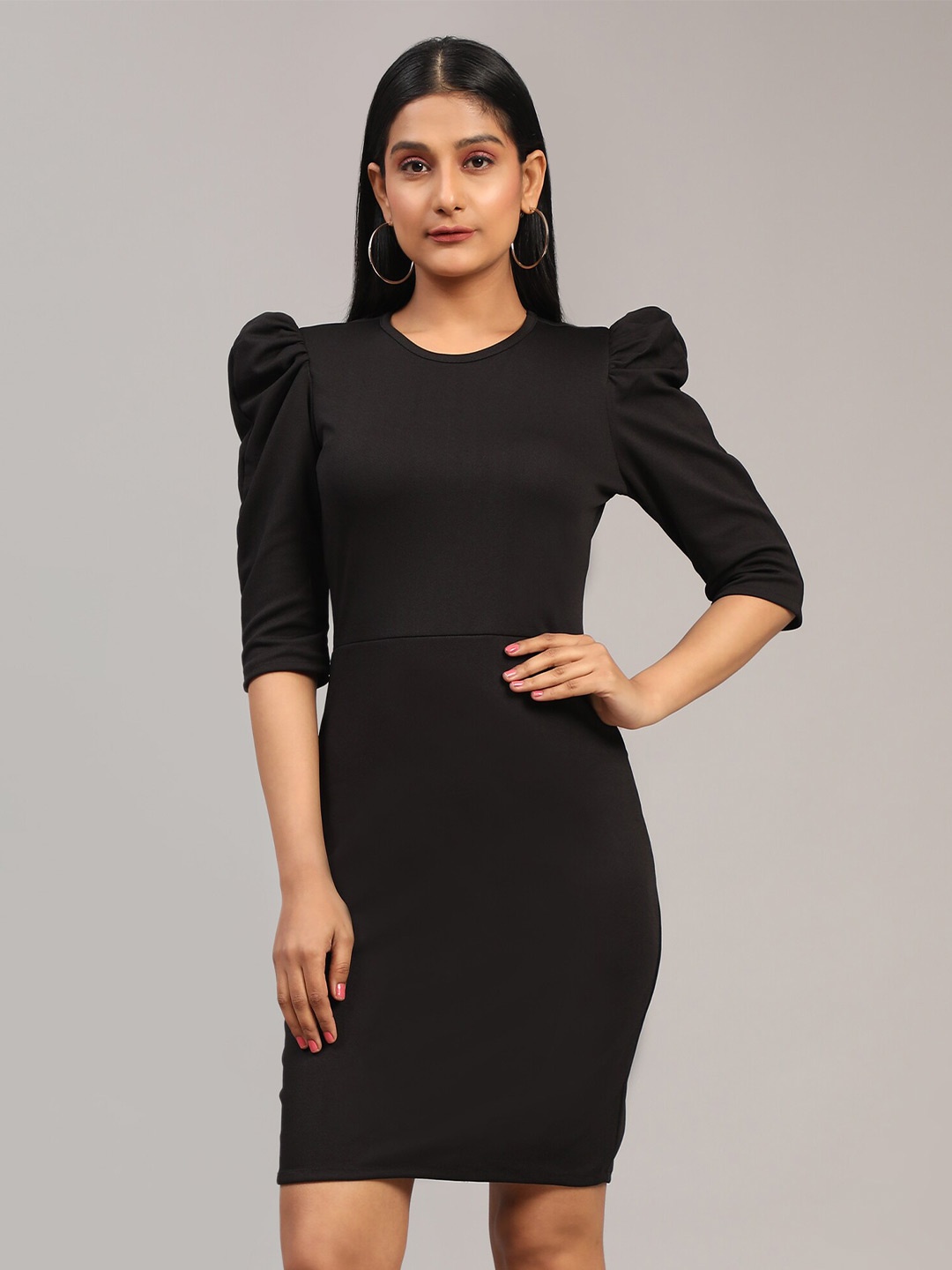 

BAESD Round Neck Puff Sleeve Cotton Sheath Dress, Black