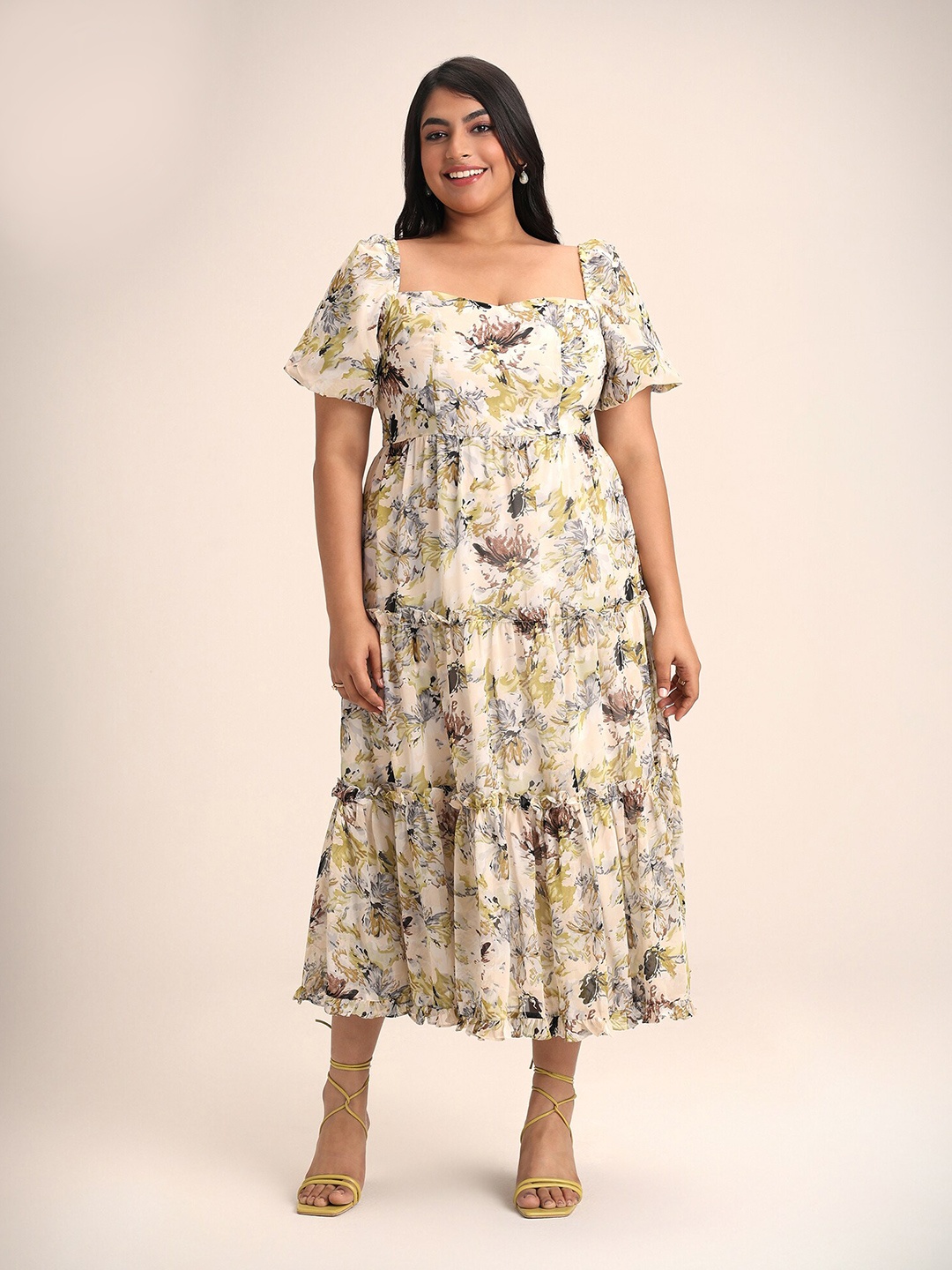 

20Dresses Plus Size Off White Floral Printed Georgette A-Line Midi Dress