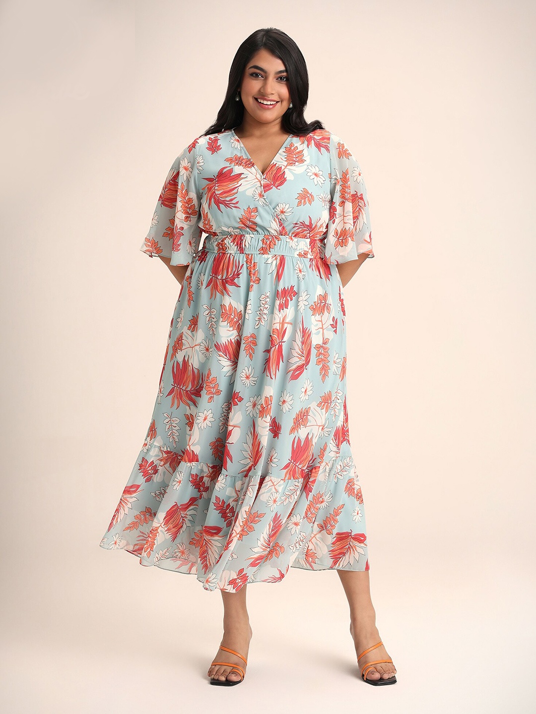 

20Dresses Plus Size Blue Floral Printed Georgette Fit & Flare Maxi Dress