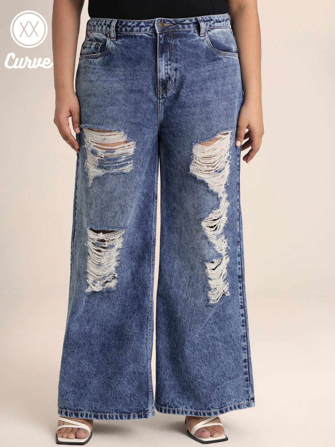 

20Dresses Blue Wide Leg High-Rise Highly Distressed Heavy Fade Cotton Jeans