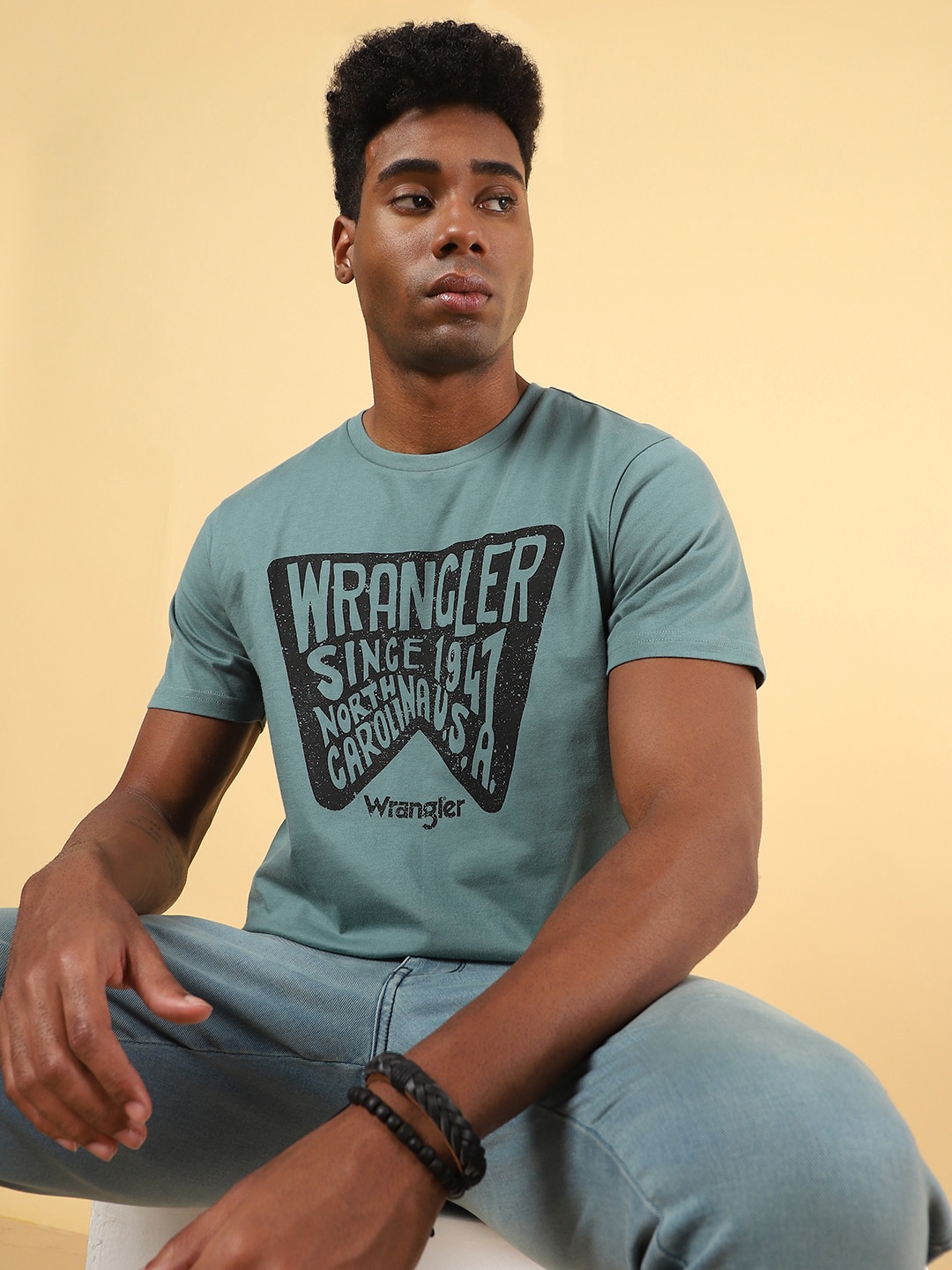 Wrangler Typography Printed Round Neck Cotton T-shirt, Green