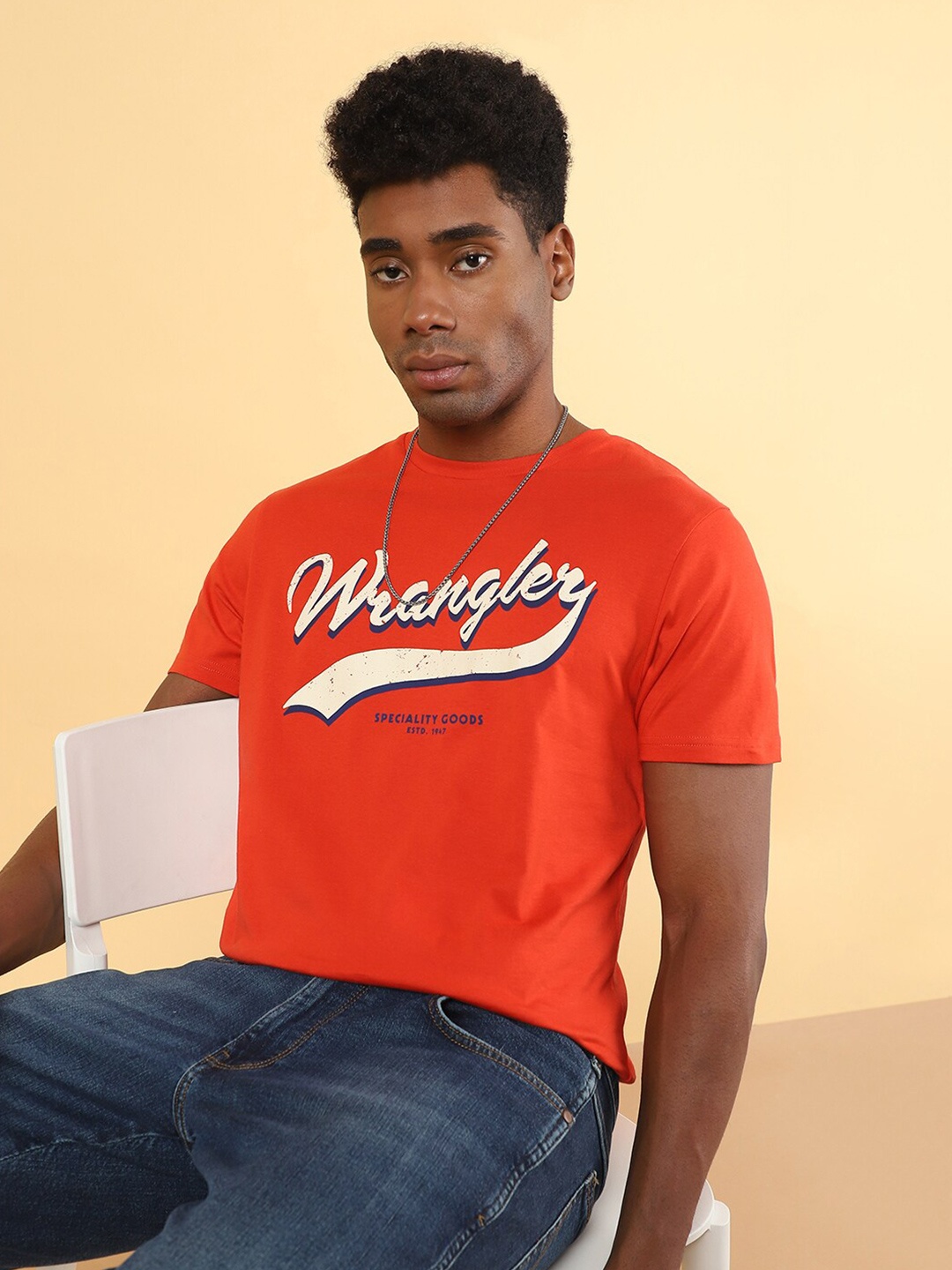

Wrangler Brand Logo Printed Round Neck Cotton T-shirt, Orange