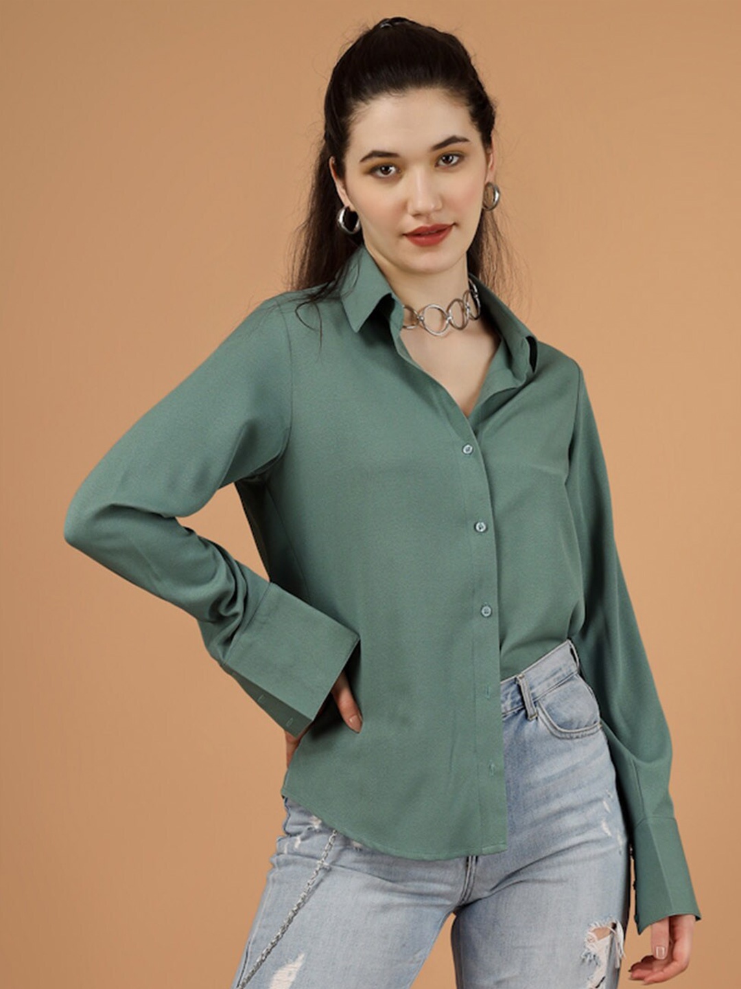 

angloindu Spread Collar Opaque Casual Shirt, Green