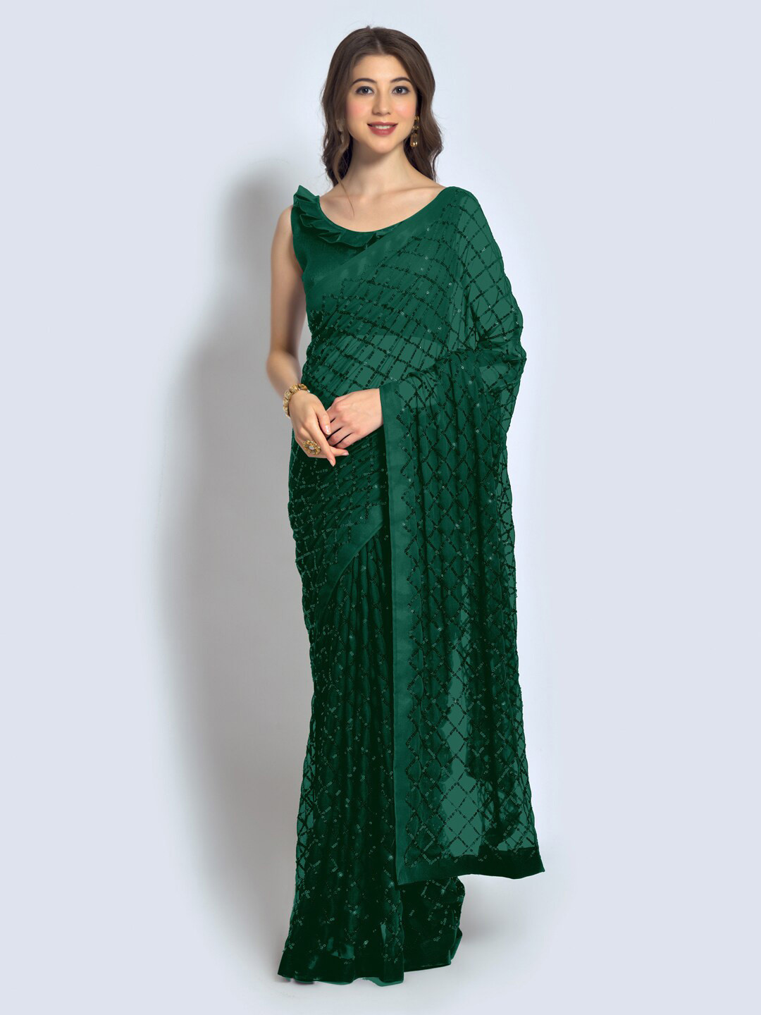 

Mitera Embellished Sequinned Saree, Green