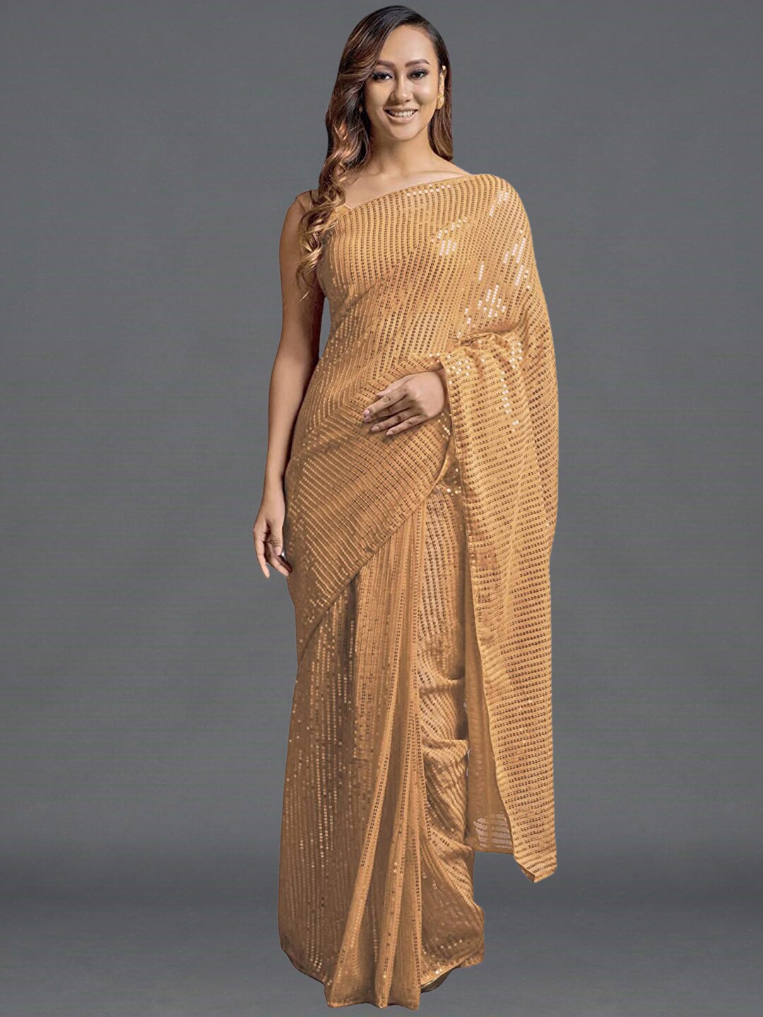 

Mitera Embellished Sequinned Poly Georgette Saree, Cream