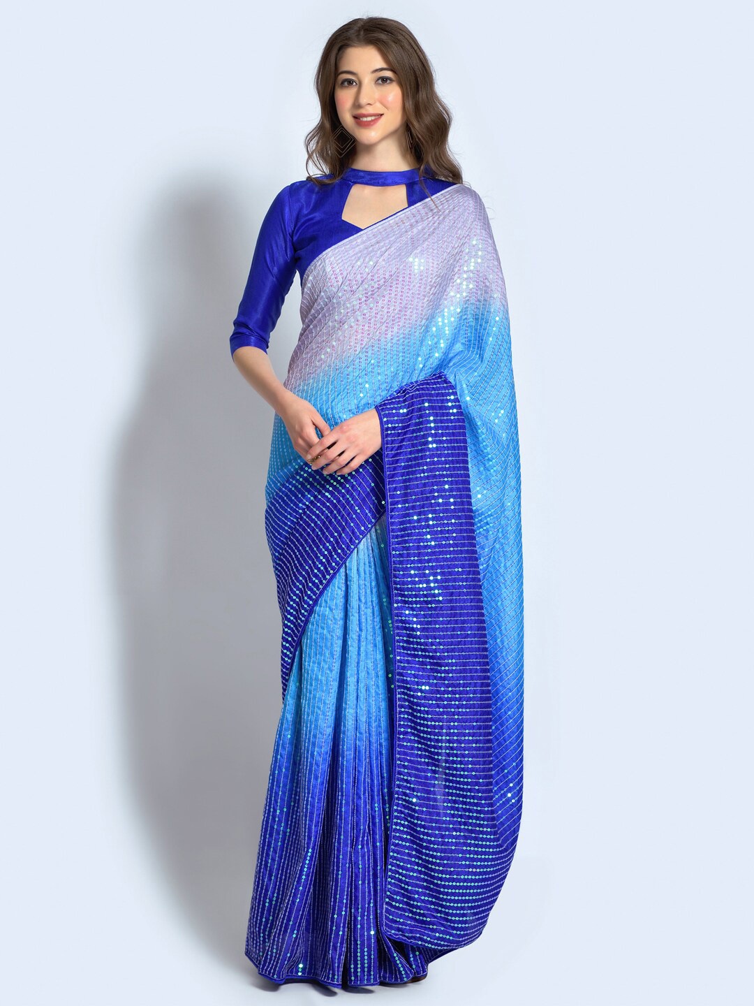

Mitera Blue & White Embellished Sequinned Art Silk Saree