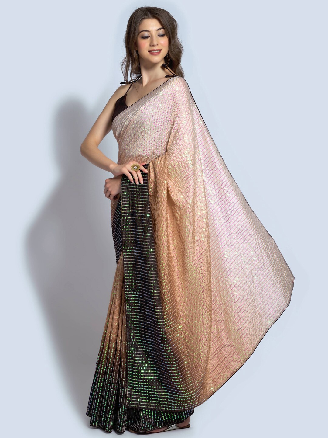 

Mitera Embellished Sequinned Art Silk Saree, Cream