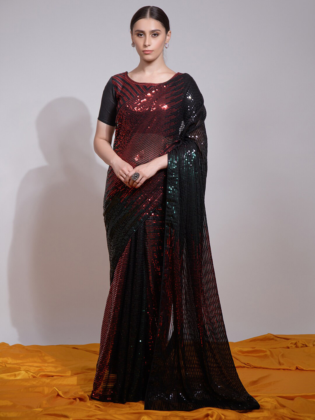 

Mitera Embellished Sequinned Pure Georgette Saree, Black