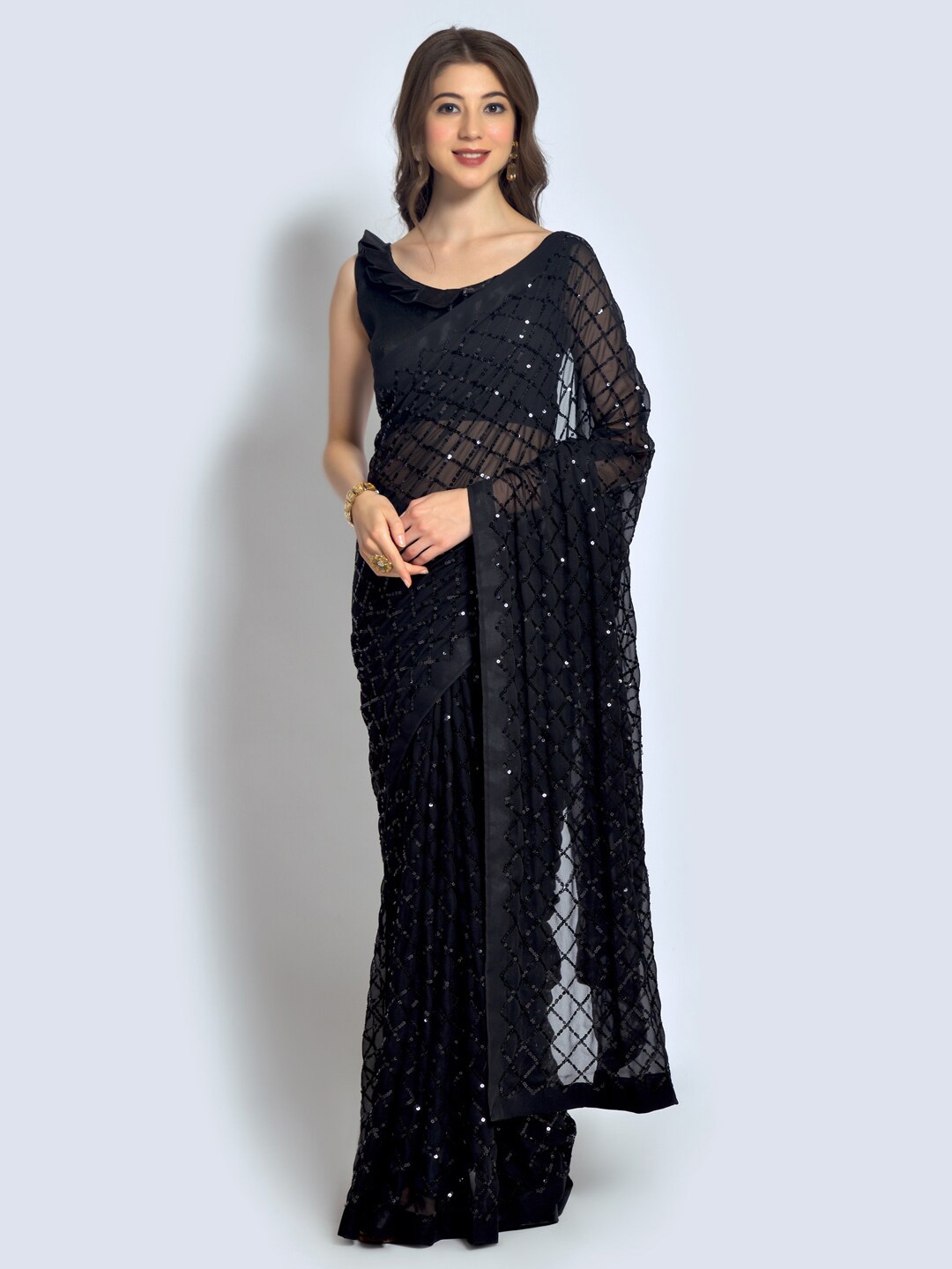 

Mitera Embellished Sequinned Poly Georgette Saree, Black